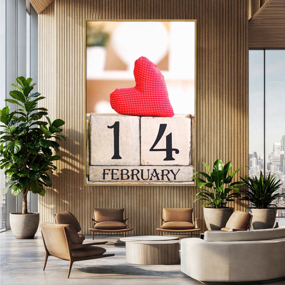 Tablou canvas cu tablou canvas cu data de paisprezece februarie, in rama de aluminiu auriu, pe perete intr-un birou